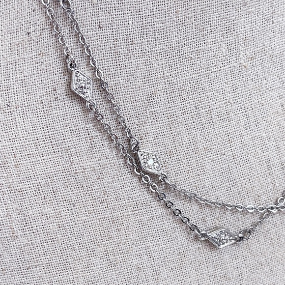 Art Deco Style NY Tag Silver Tone Diamond Shape CZ Double Chain Necklace 15.5” - Picture 6 of 10